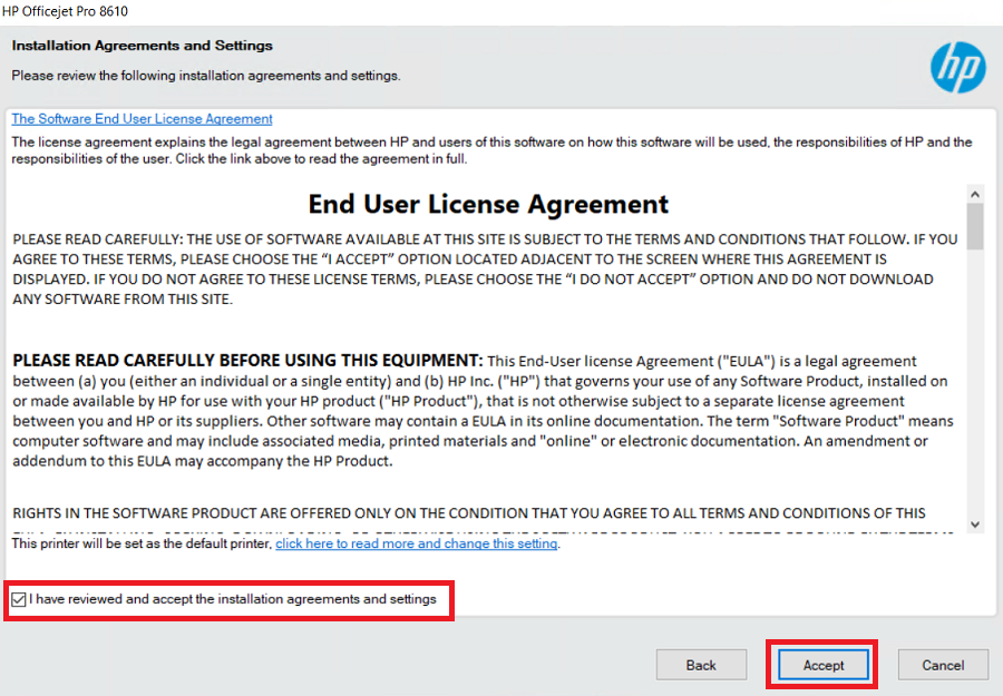 accept the agreement of hp officejet 8610 driver