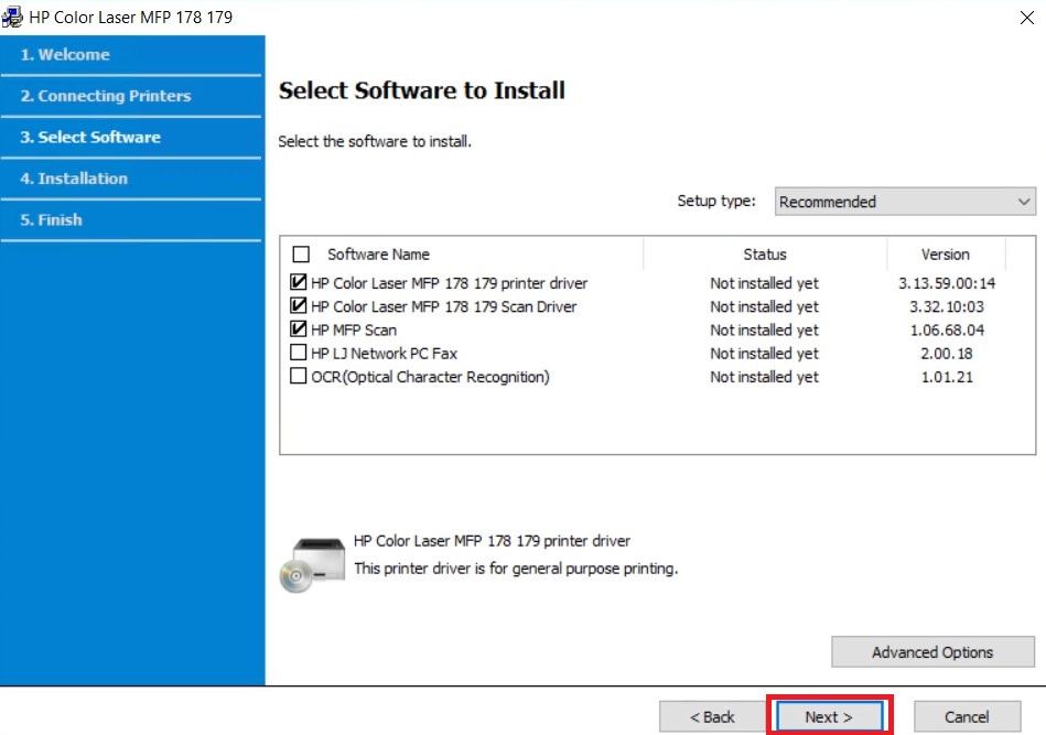 choose what to install in HP Laser 179fnw setup
