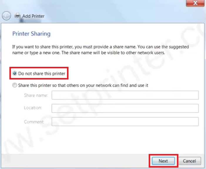Choose the appropriate printer sharing option
