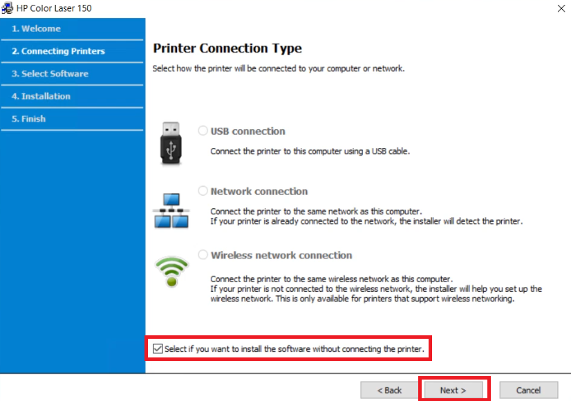 Select HP 150nw printer connection type