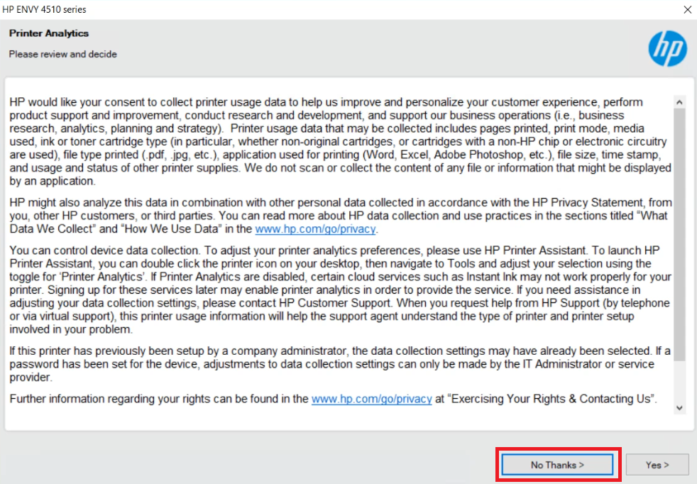Consent to send data to HP