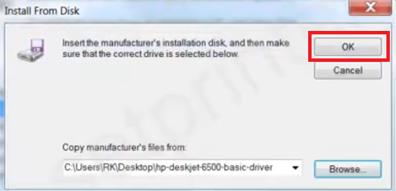click on ok to install hp 6500 driver