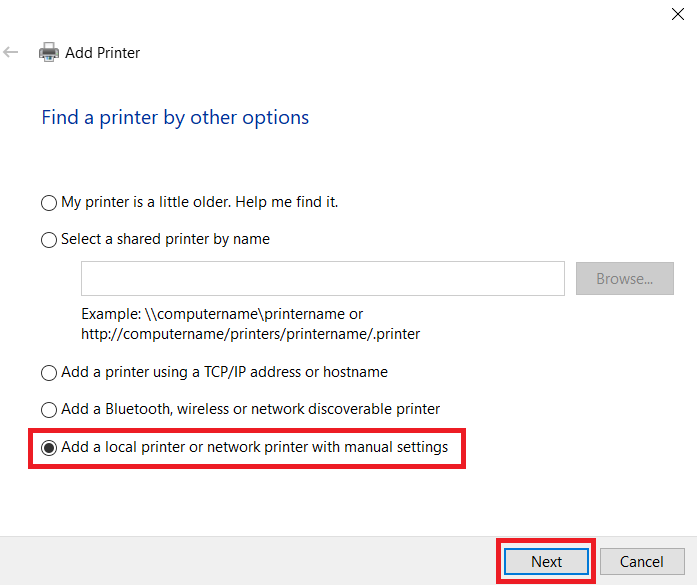 local printer add manually
