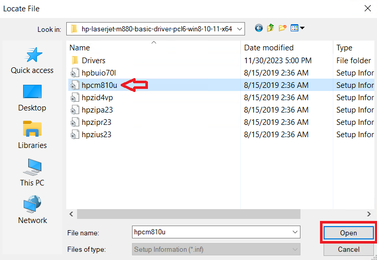 select driver inf file