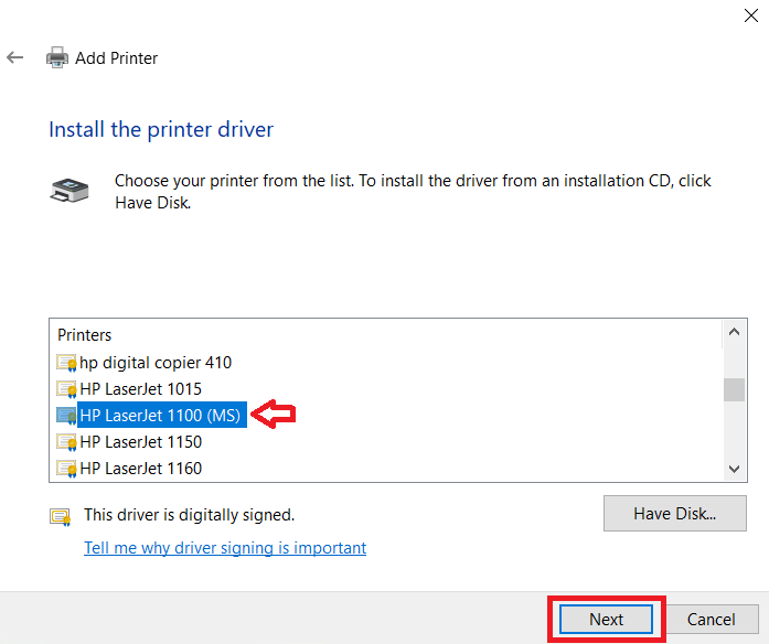 select HP LaserJet 1100 MS model