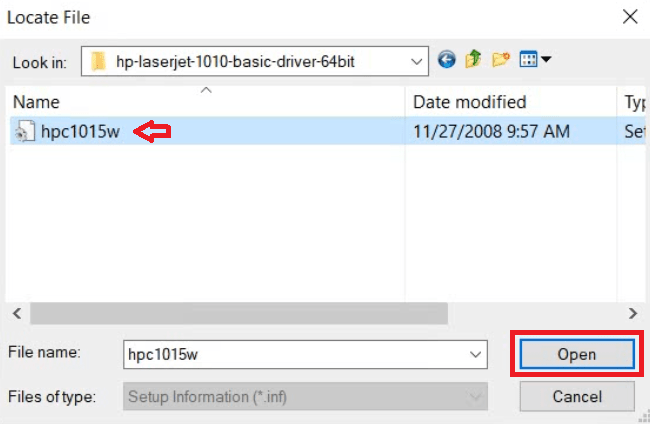 select the hpc1015w inf file