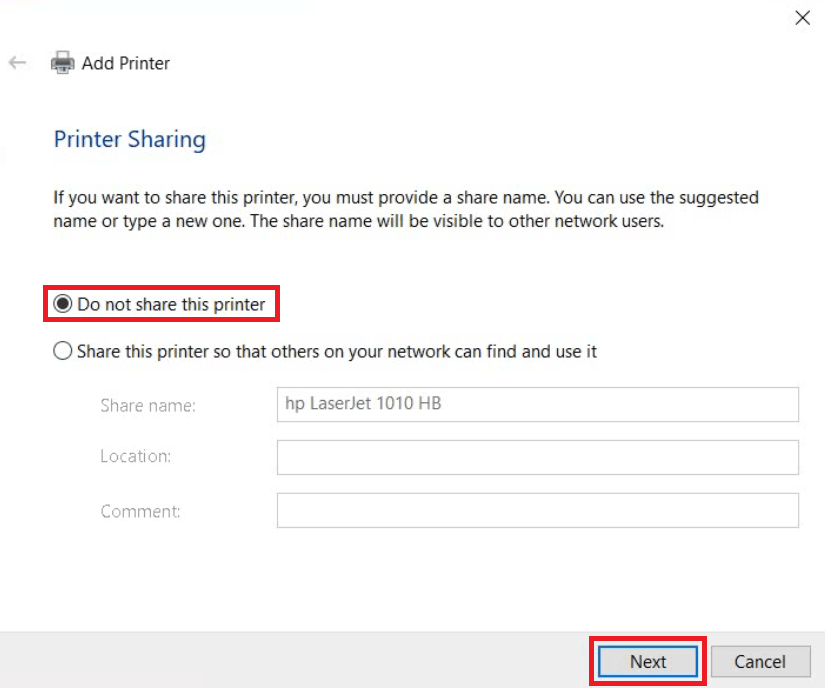 select do not share printer