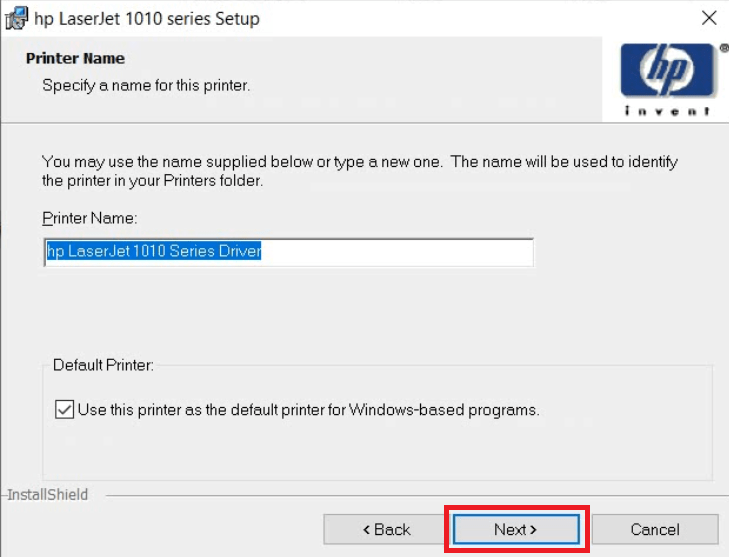 proceed with the printer name