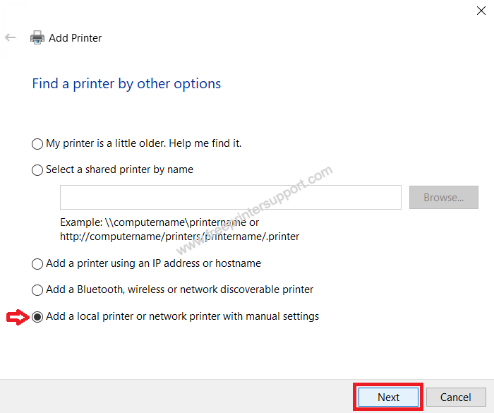 select add printer manually