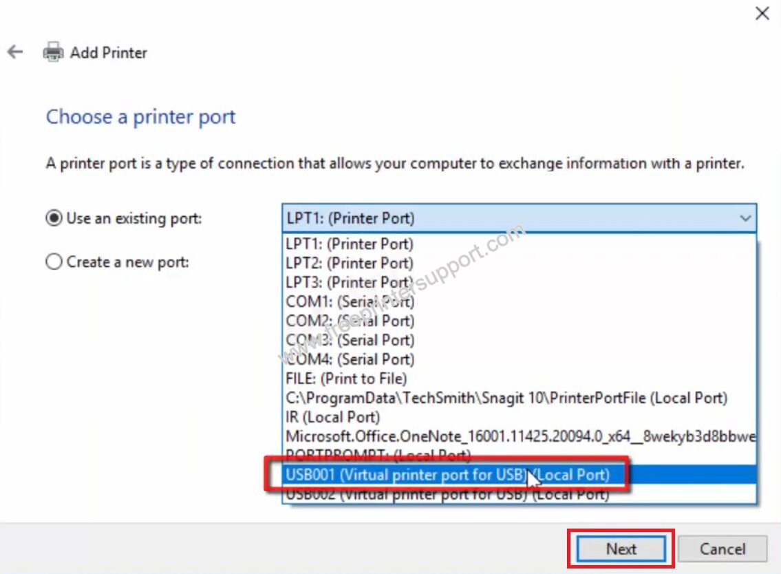 select USB port for connection