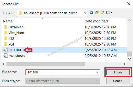 select HP1100 inf file