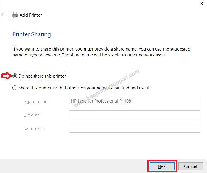 select do not share printer