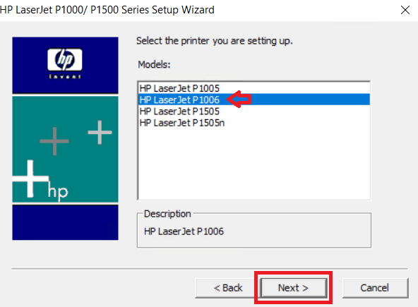 select HP Laser Jet P1006 model