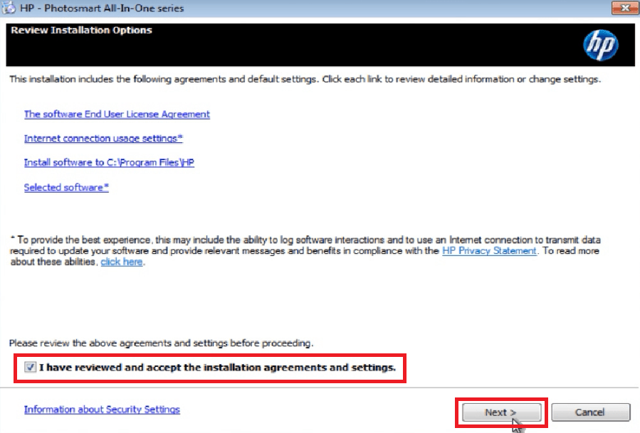 accept the agreements and settings