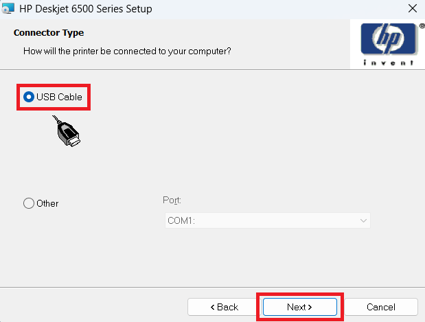 select USB cable option